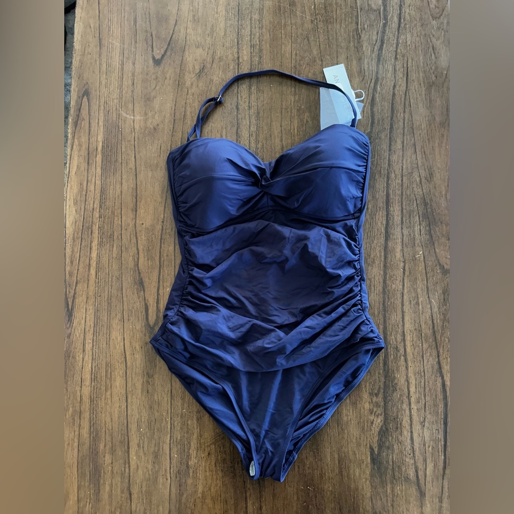 Anne Cole One Piece Swimsuit 12 Navy Strapless Ruched NWT